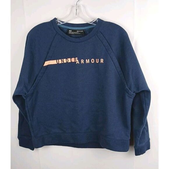 Under Armour Sweatshirt Womens Size Small Blue Crew Logo Fleece Loose fit - Picture 1 of 9